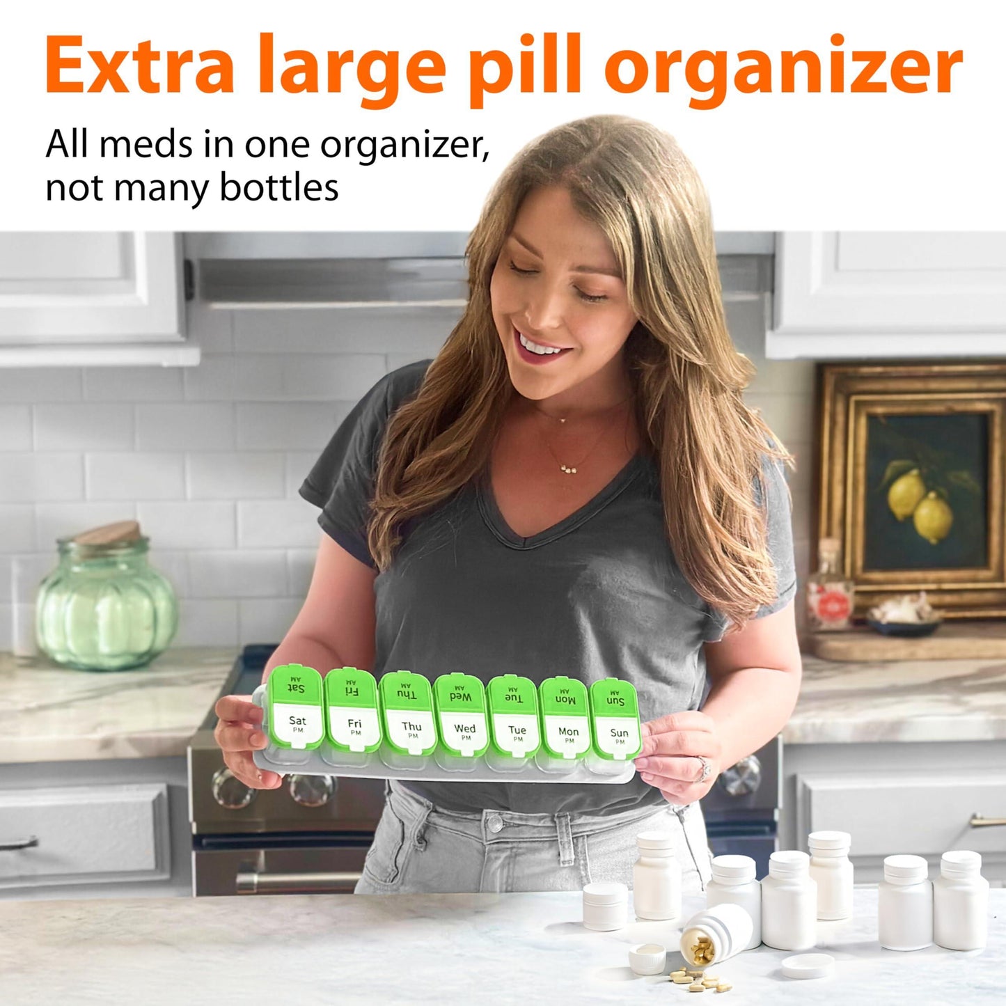 Extra Large Pill Organizer Green White 2 Times a Day Big Pill Box 7 Day Am Pm