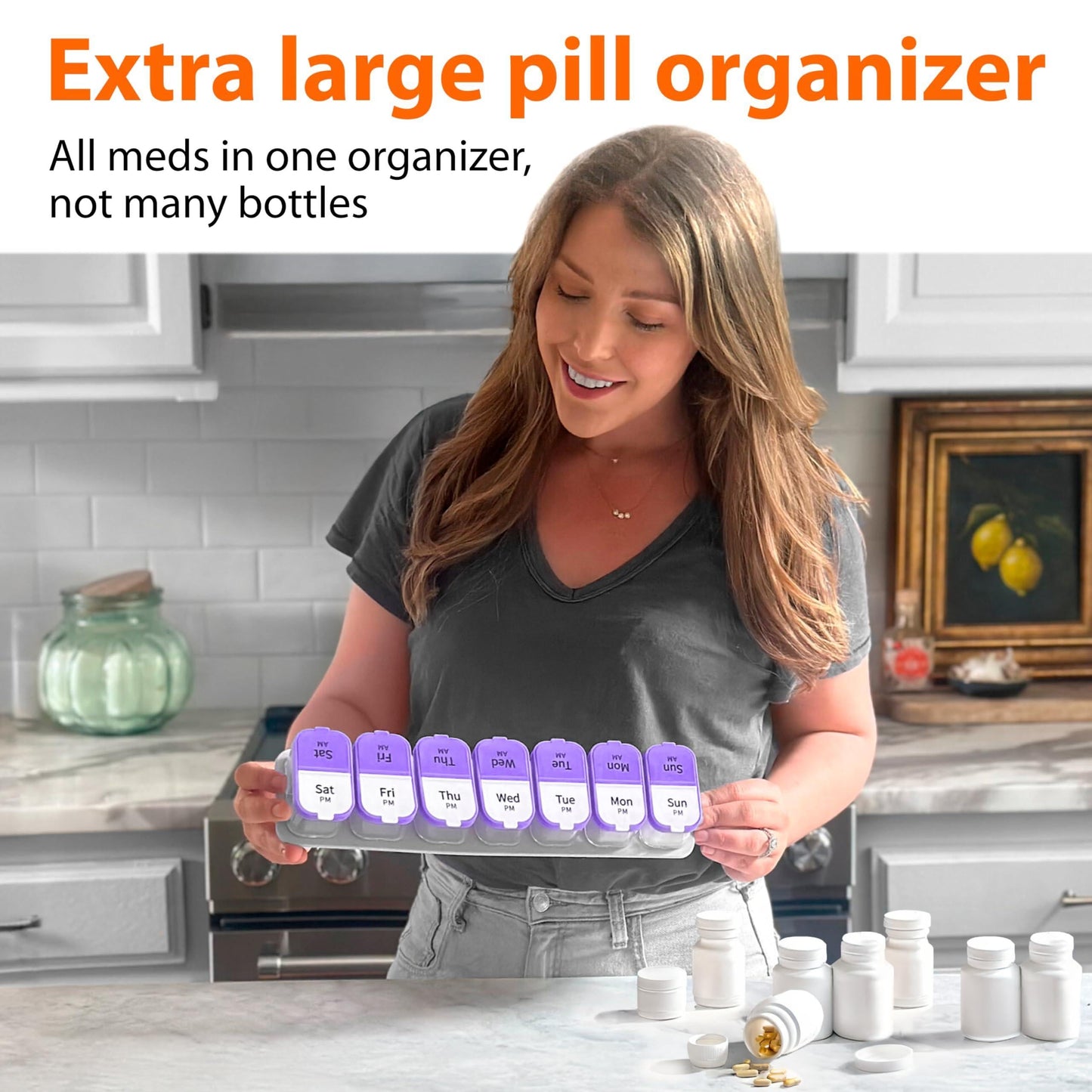 Extra Large Pill Organizer Purple White 2 Times a Day Big Pill Box 7 Day Am Pm