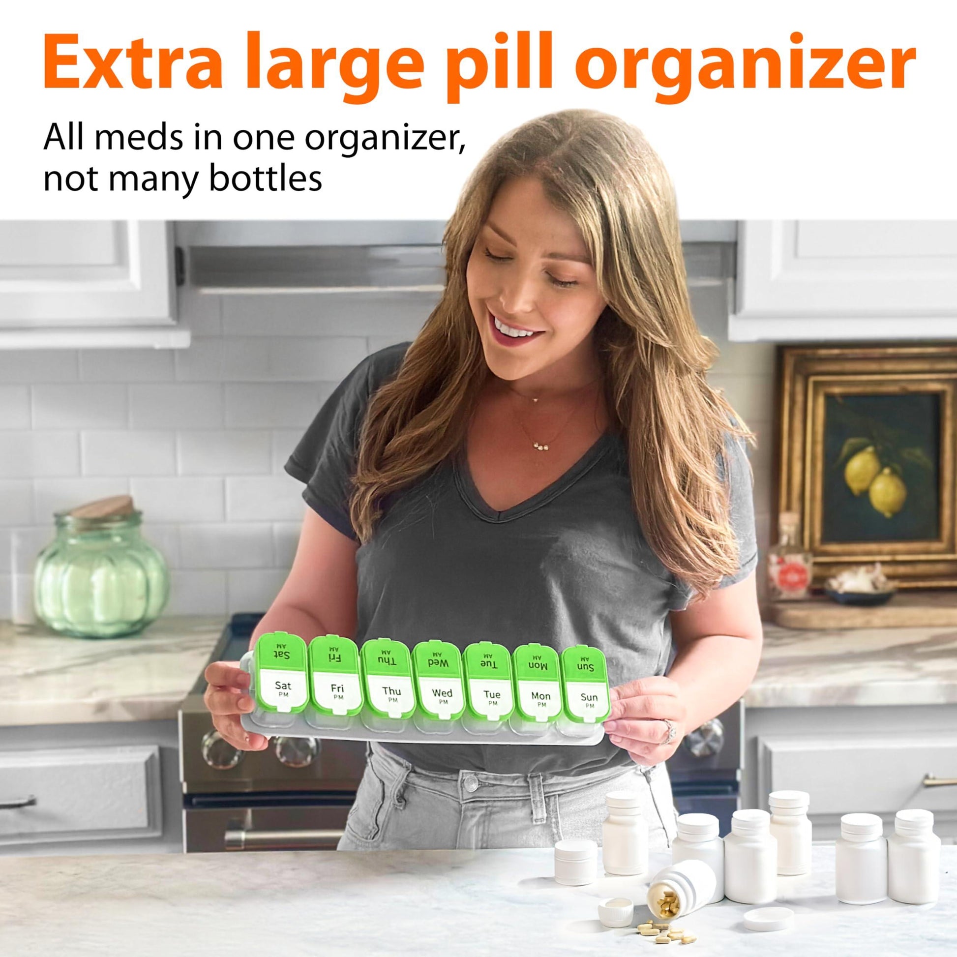 Extra Large Pill Organizer Green White 2 Times a Day Big Pill Box 7 Day Am Pm