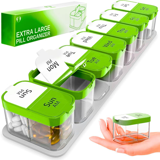 Extra Large Pill Organizer Green White 2 Times a Day Big Pill Box 7 Day Am Pm