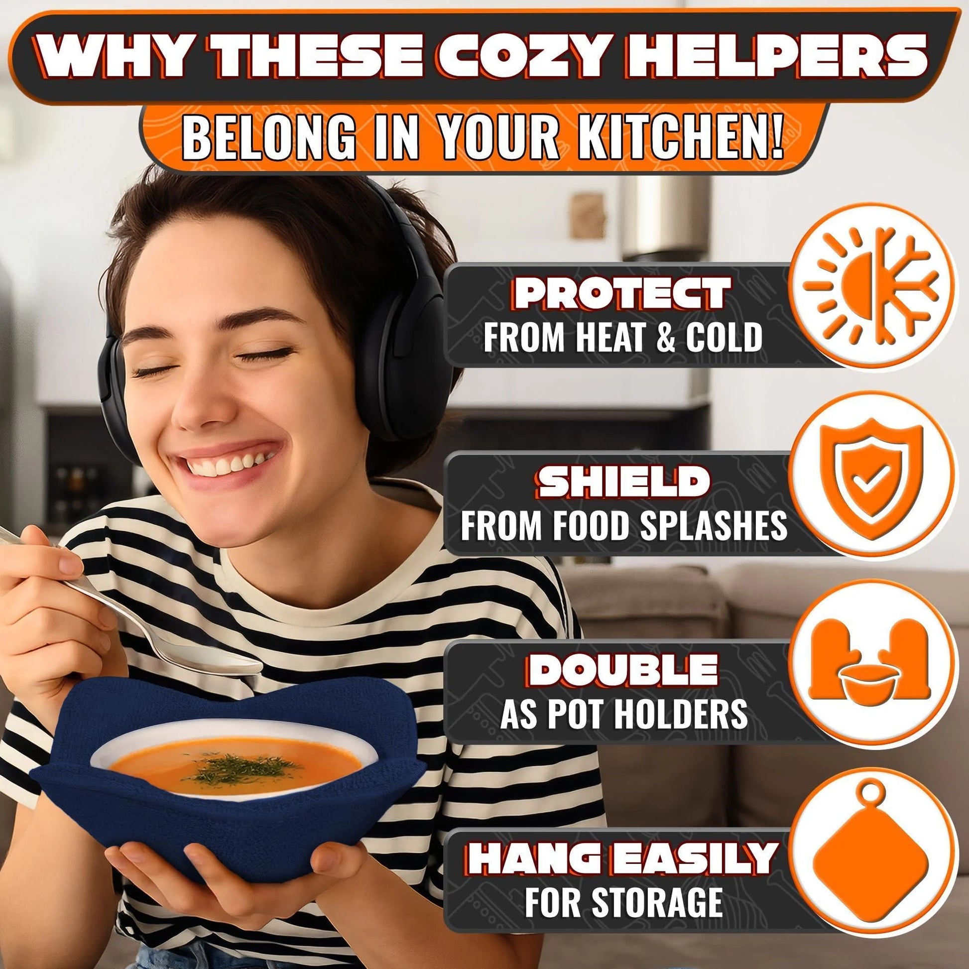 4 Pcs Microwave Bowl Cozy Holders – Deep Navy Blue Microwave Bowl Holders for Hot Food Protect Hands from Hot Dishes – Soft & Heat Resistant Fabric for Safe Heating & Convenient Use in the Kitchen