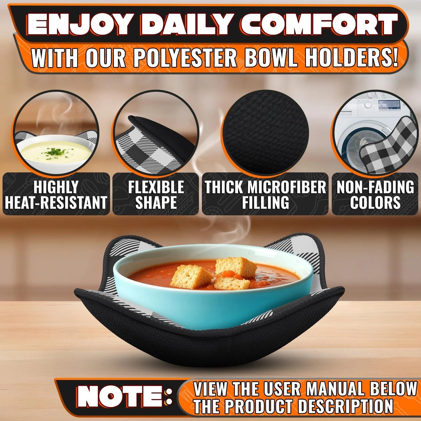 4 Piece Microwave Bowl Holder Set – 7.5 X7.5 Microwave Bowl Holders for Hot Food Black and White Checkered Fabric for Safe & Easy Handling – Machine Washable