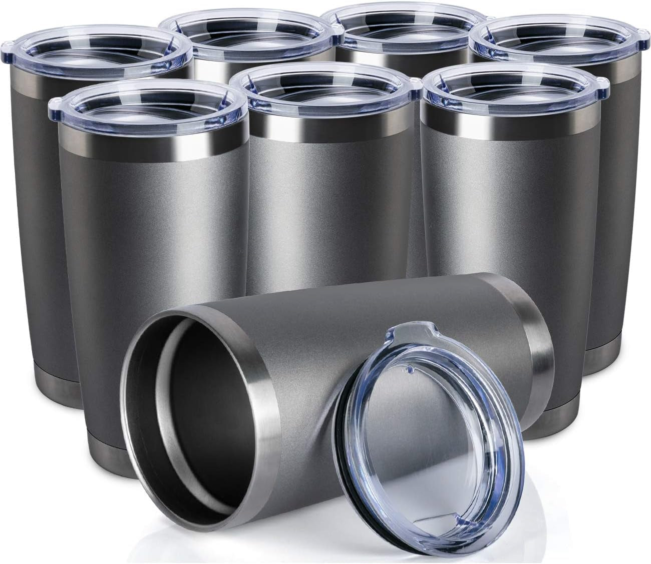 8 Pack 20 OZ Double Wall Stainless Steel Vacuum Insulated Tumbler Coffee Travel Mug with Lid, Durable Powder Coated Insulated Coffee Cup for Cold & Hot Drinks (Gray, 8 Pack)