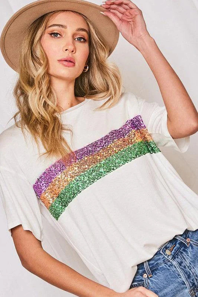 Stripes Patchwork Mardi Gras Crew Neck T Shirt