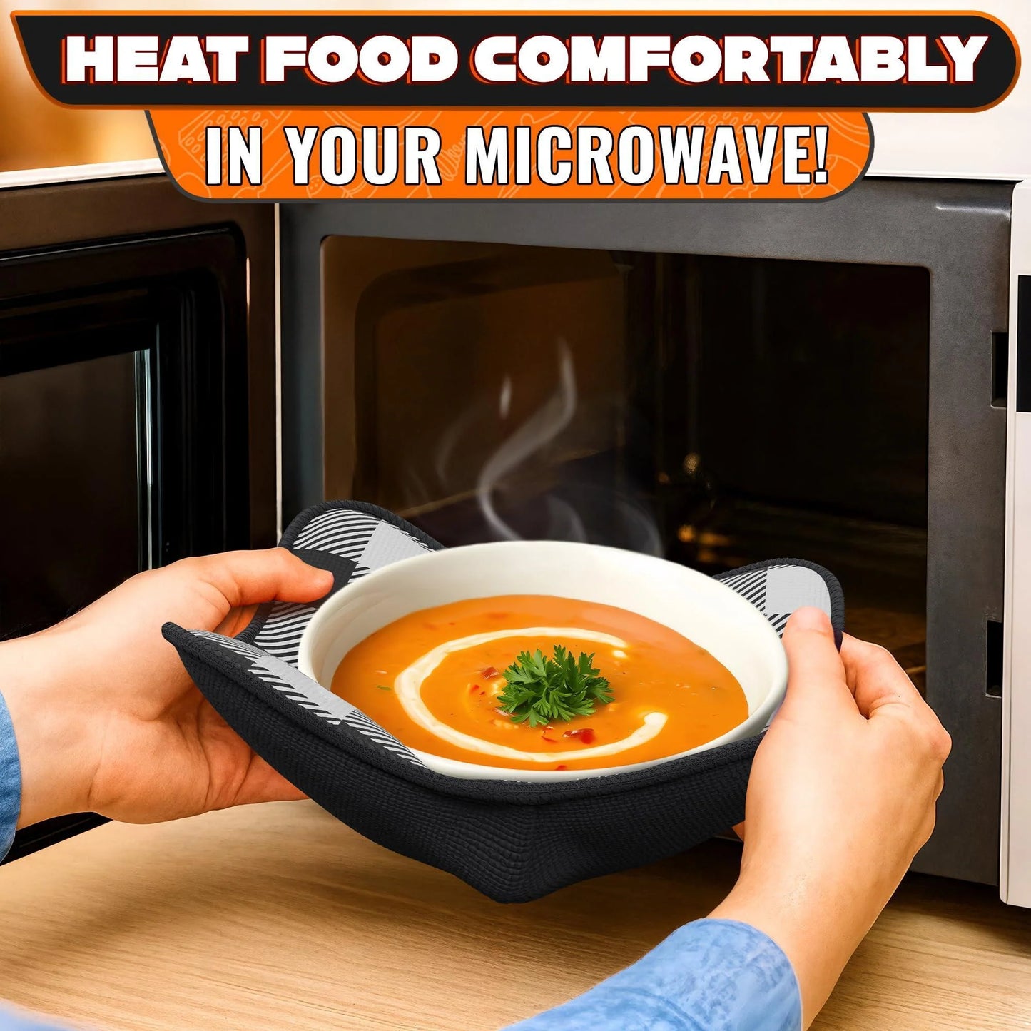 4 Piece Microwave Bowl Holder Set – 7.5 X7.5 Microwave Bowl Holders for Hot Food Black and White Checkered Fabric for Safe & Easy Handling – Machine Washable