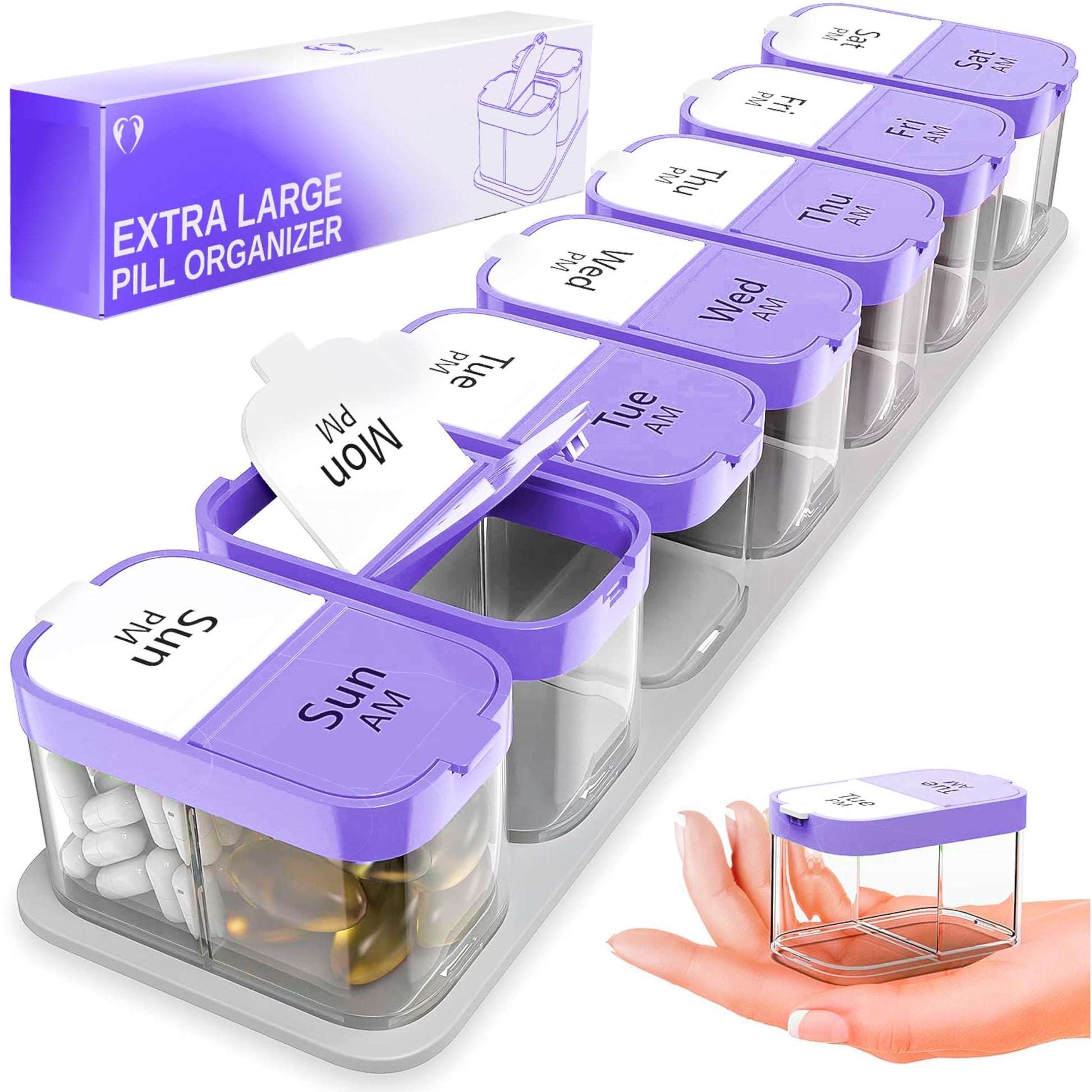 Extra Large Pill Organizer Purple White 2 Times a Day Big Pill Box 7 Day Am Pm