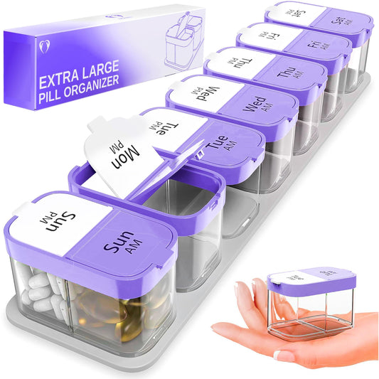 Extra Large Pill Organizer Purple White 2 Times a Day Big Pill Box 7 Day Am Pm