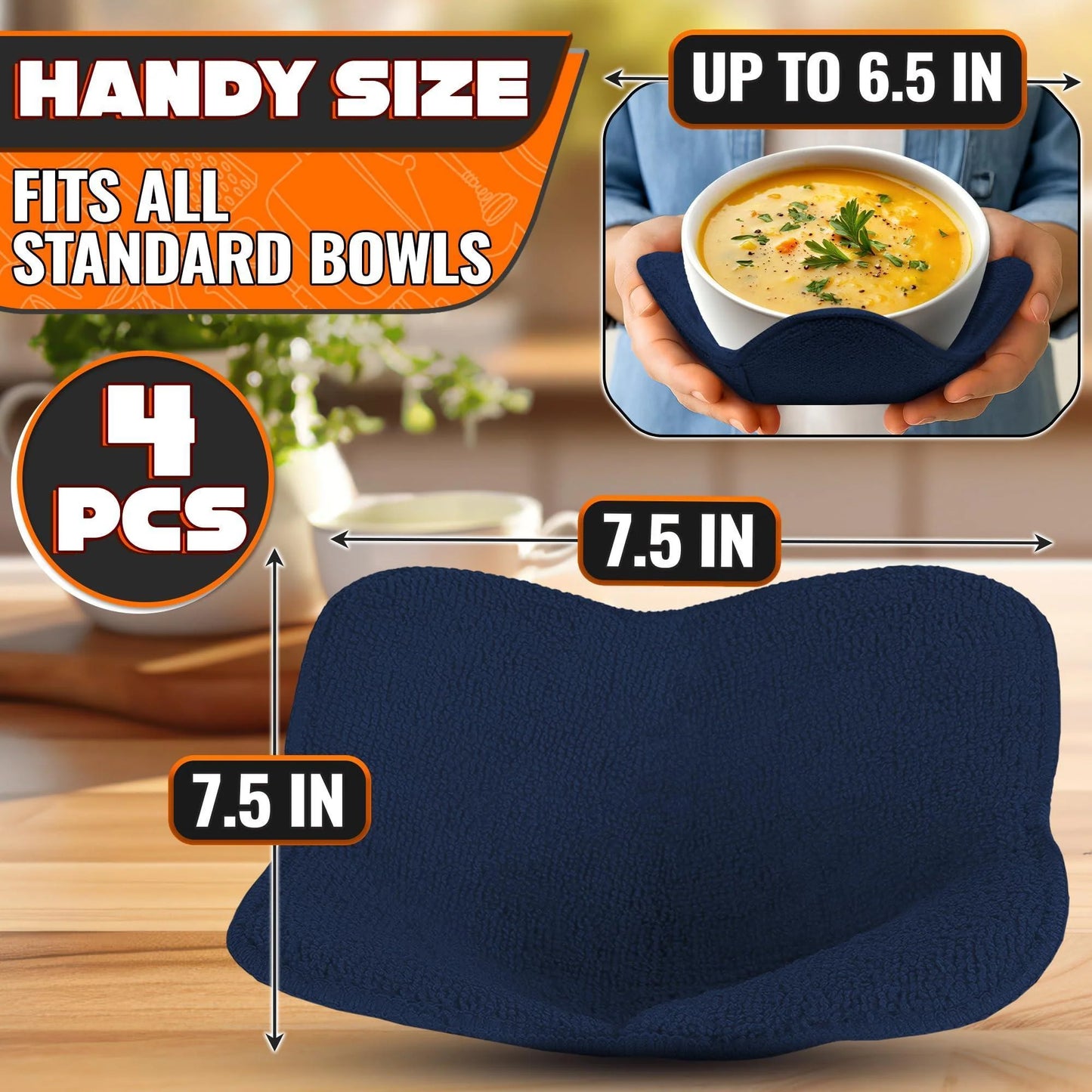 4 Pcs Microwave Bowl Cozy Holders – Deep Navy Blue Microwave Bowl Holders for Hot Food Protect Hands from Hot Dishes – Soft & Heat Resistant Fabric for Safe Heating & Convenient Use in the Kitchen