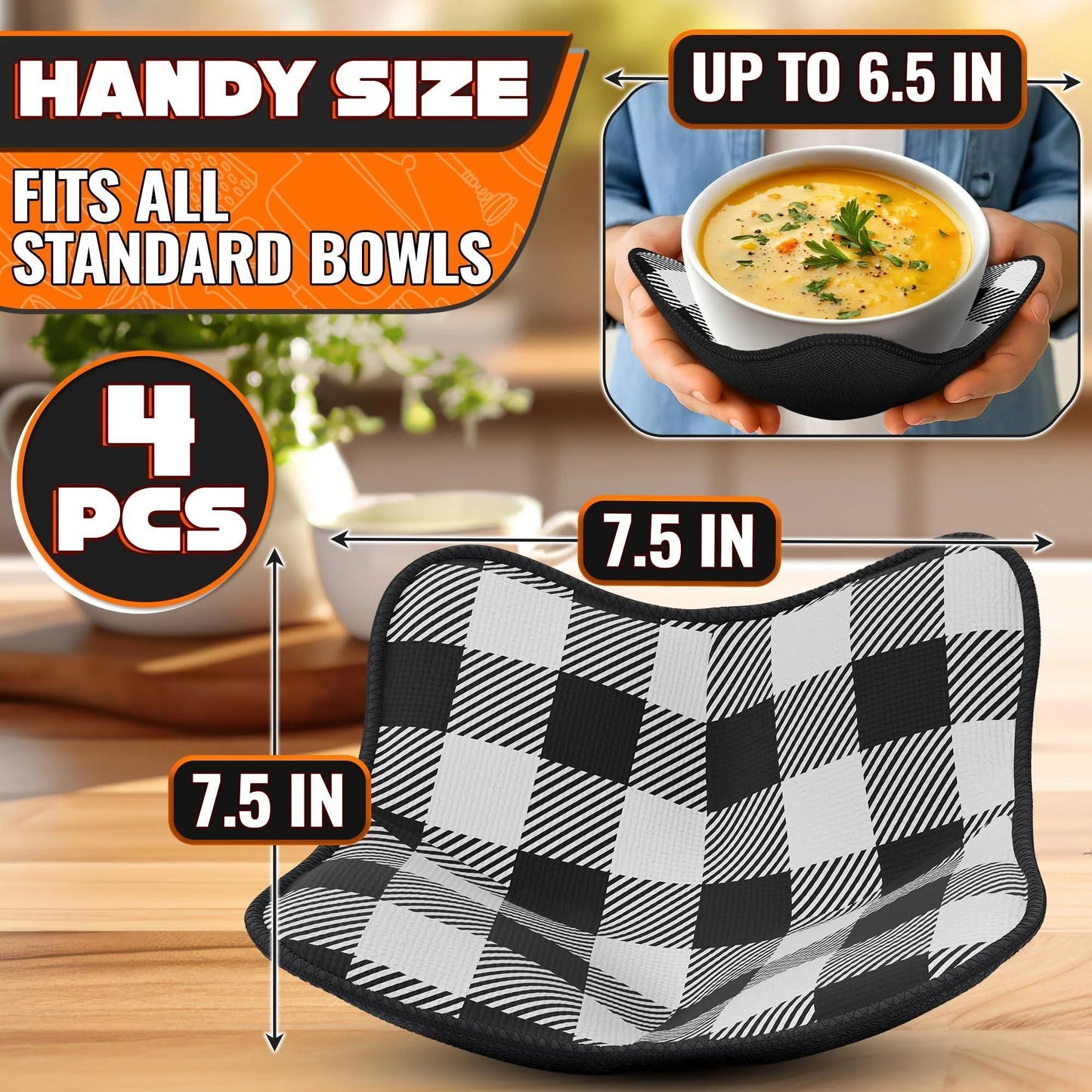 4 Piece Microwave Bowl Holder Set – 7.5 X7.5 Microwave Bowl Holders for Hot Food Black and White Checkered Fabric for Safe & Easy Handling – Machine Washable