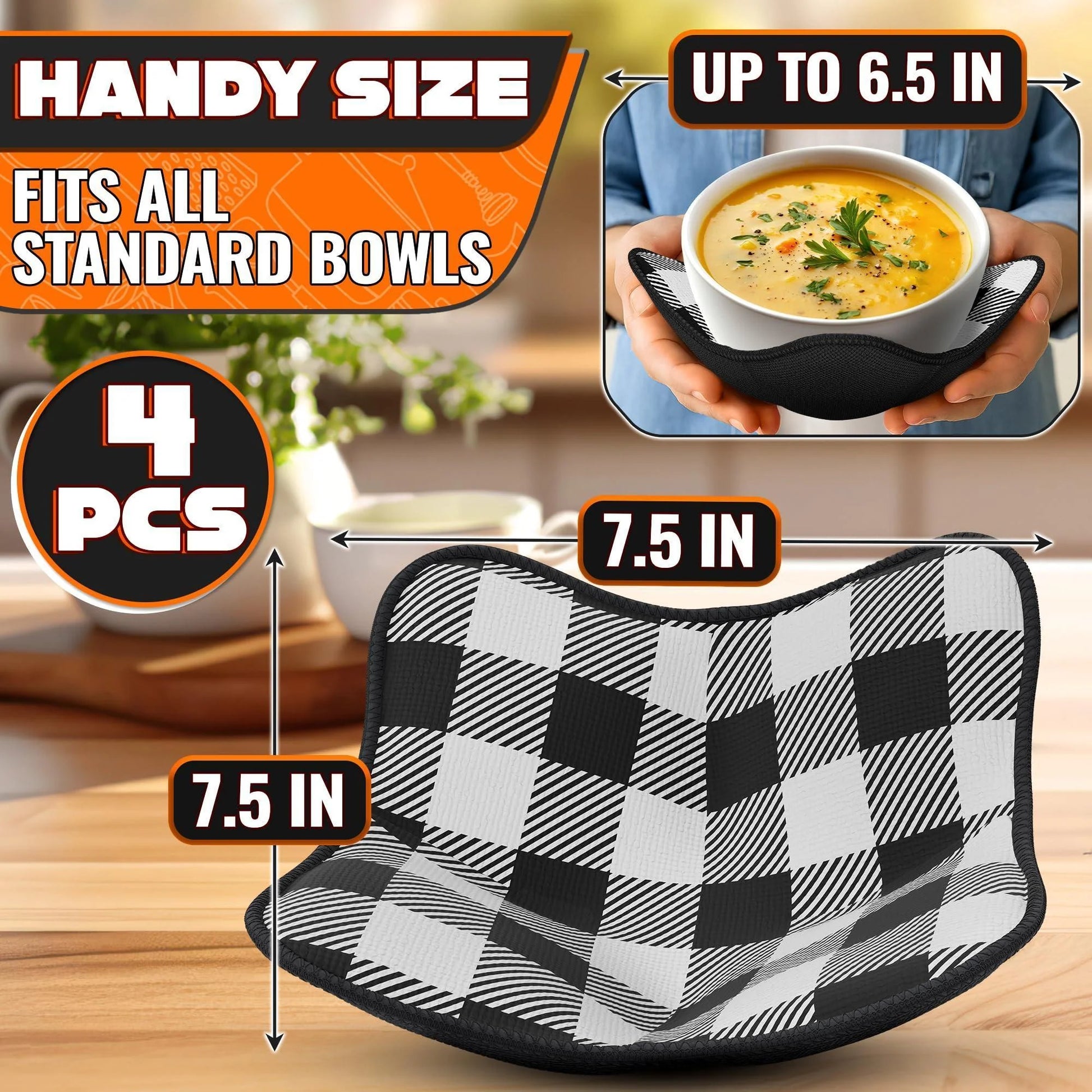 4 Piece Microwave Bowl Holder Set – 7.5 X7.5 Microwave Bowl Holders for Hot Food Black and White Checkered Fabric for Safe & Easy Handling – Machine Washable