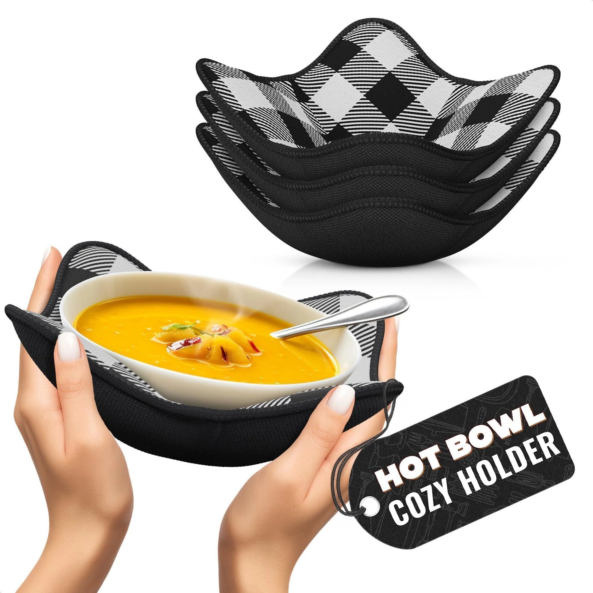 4 Piece Microwave Bowl Holder Set – 7.5 X7.5 Microwave Bowl Holders for Hot Food Black and White Checkered Fabric for Safe & Easy Handling – Machine Washable