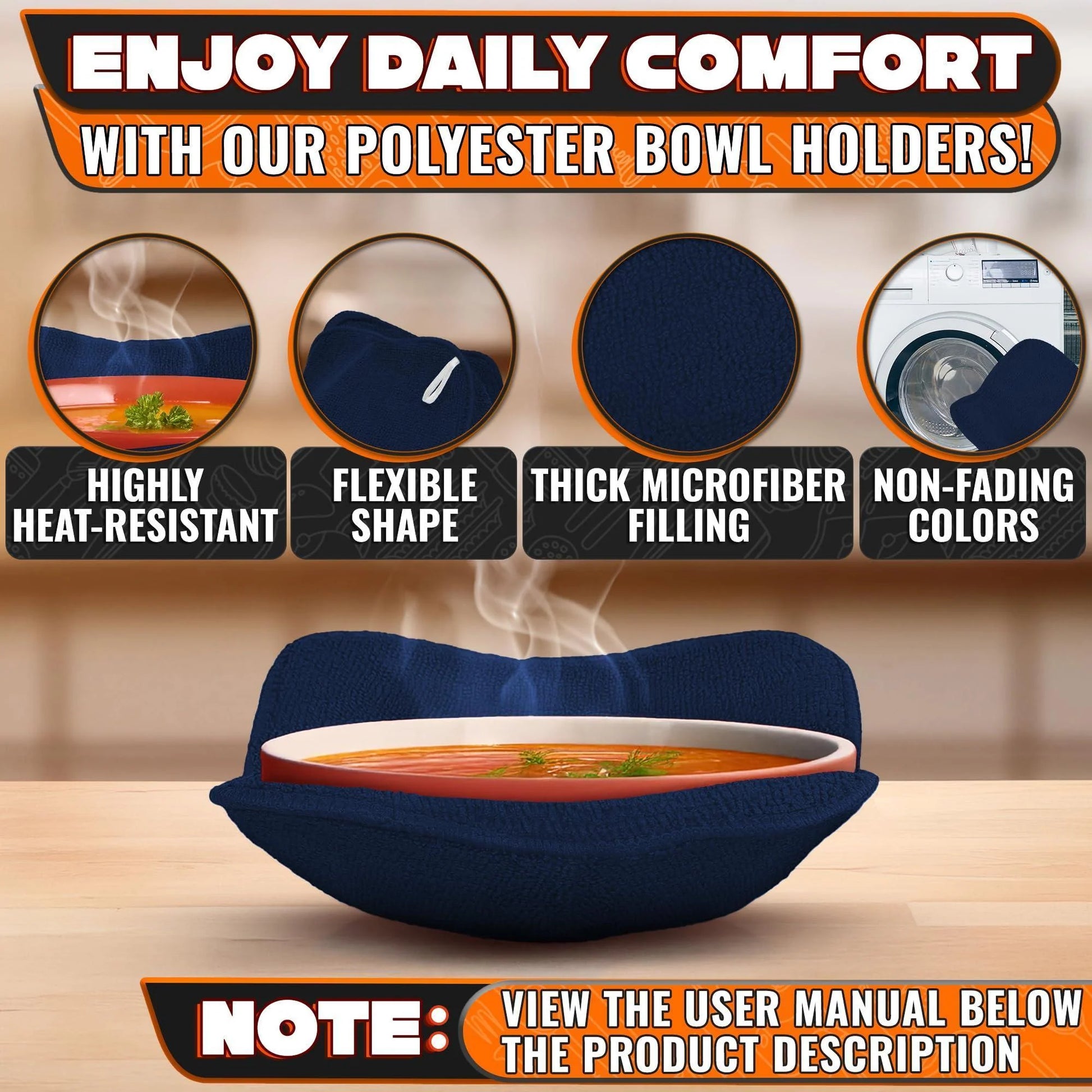 4 Pcs Microwave Bowl Cozy Holders – Deep Navy Blue Microwave Bowl Holders for Hot Food Protect Hands from Hot Dishes – Soft & Heat Resistant Fabric for Safe Heating & Convenient Use in the Kitchen