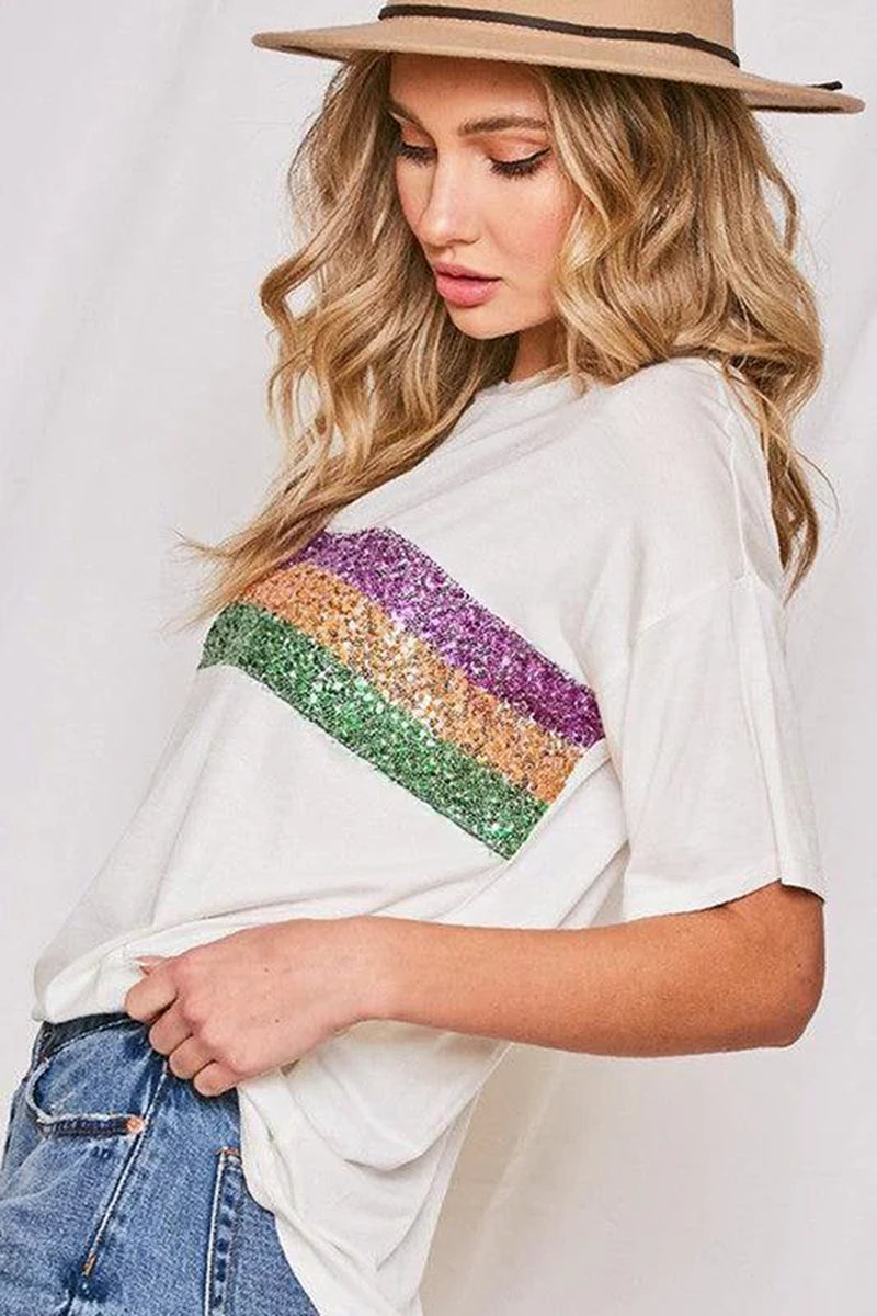 Stripes Patchwork Mardi Gras Crew Neck T Shirt